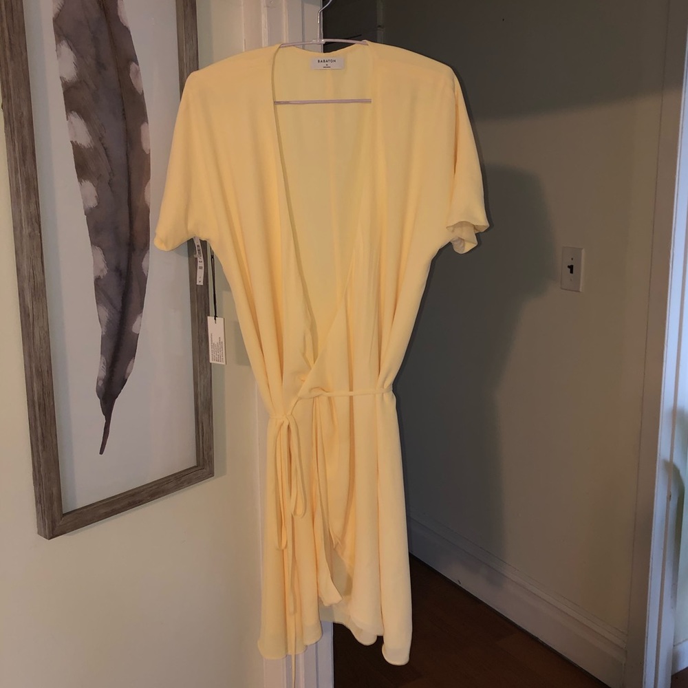 Babaton; lemongrass citronella colored wrap dress from Aritzia!